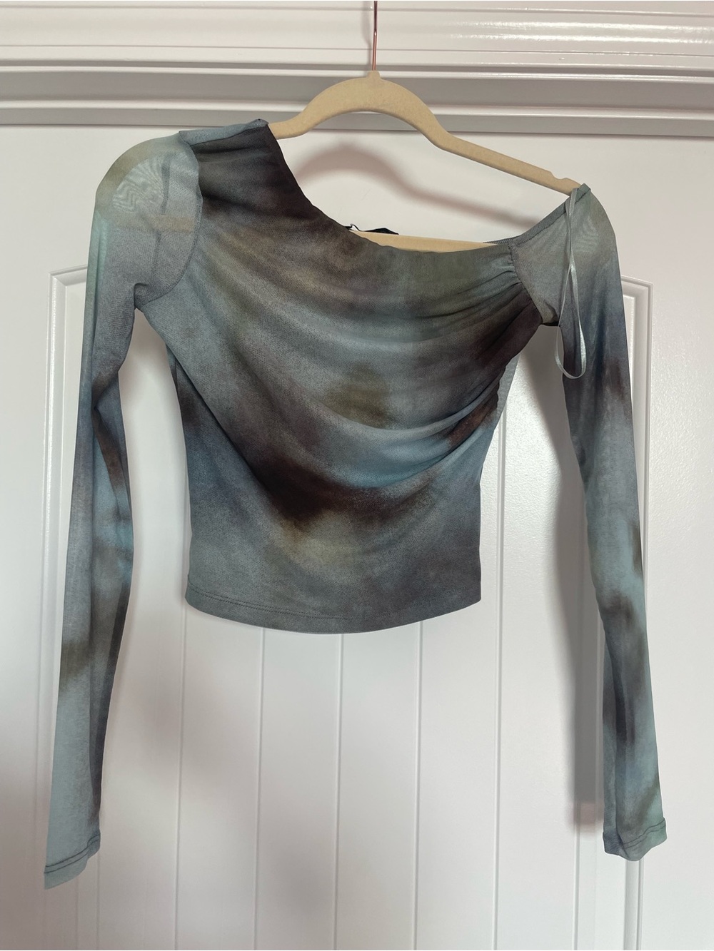 Bershka Long Sleeve Draped Top in Blue-Green Tie-Dye